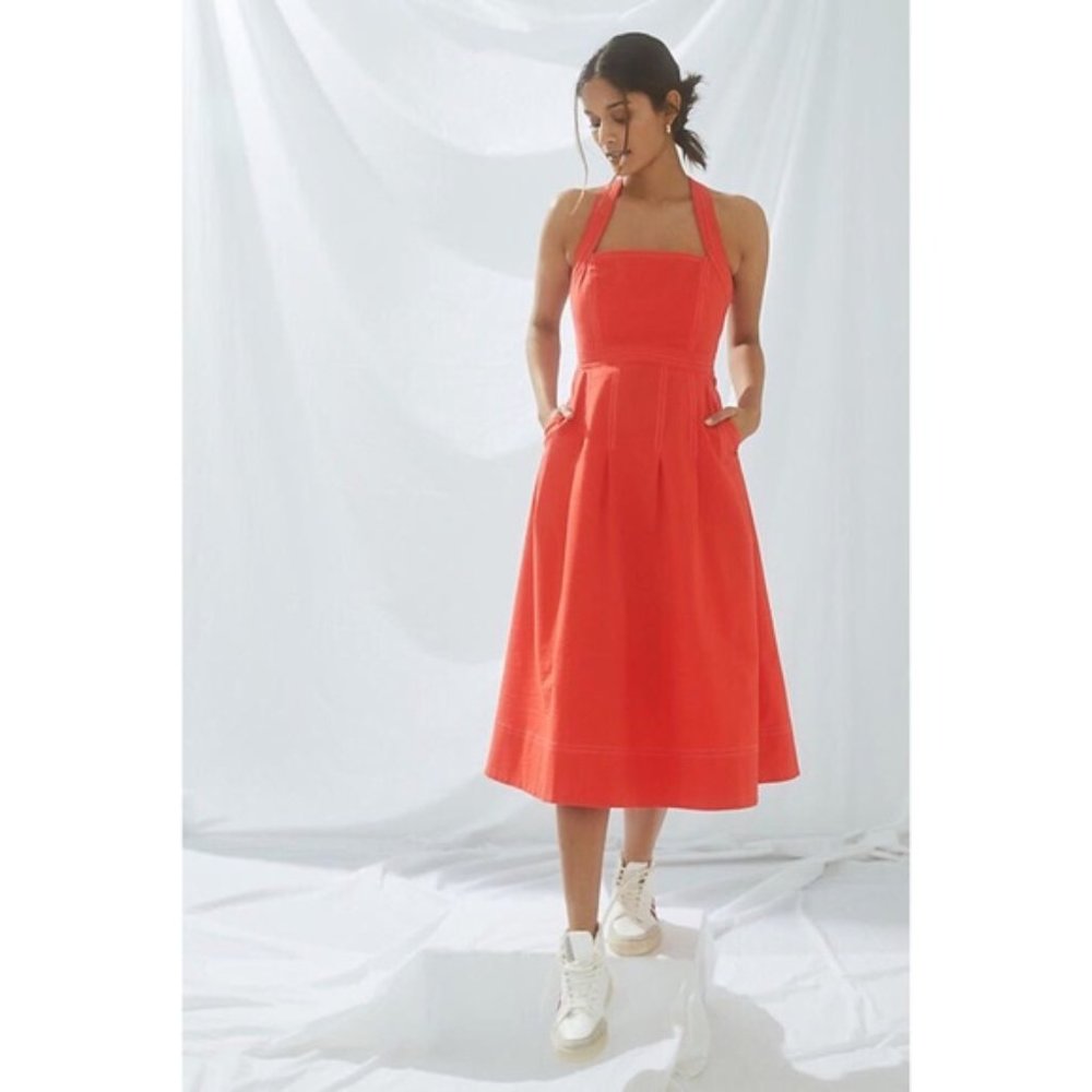 Anthropology: Lovely Maeve Alessandra Cross-Back Midi Dress Tangerine Size 4
